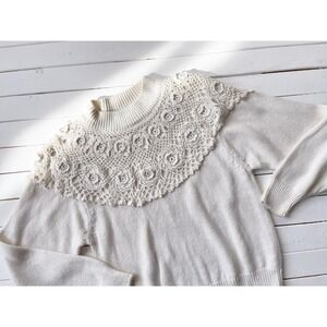cream crochet‎ sweater 80s 90s vintage white mockneck lace collar sweater